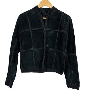 Vintage Suede Crochet Patchwork Jacket Shacket Black Knit Square Button Front S